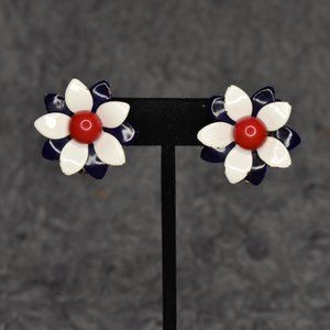 🔥 3/$15 Vintage Red White and Blue Flower Clip-on Earrings